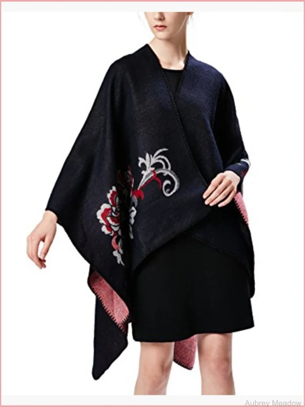 Retro Warm Floral Poncho Cape Open Front Sweater Shawl Cardigan